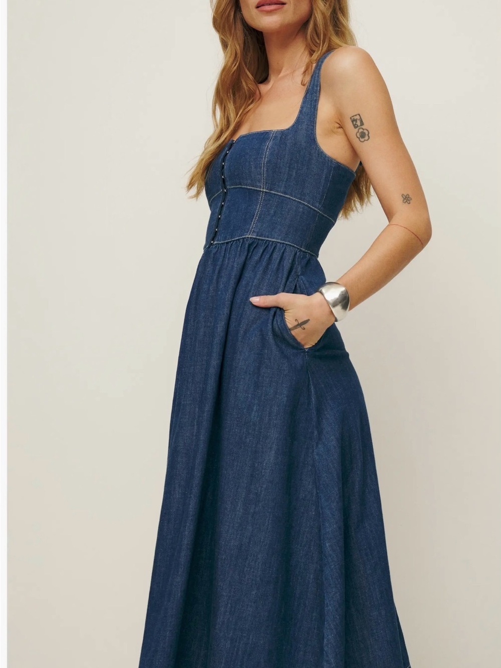 Denim Maxi Dress with Button Front and Pockets